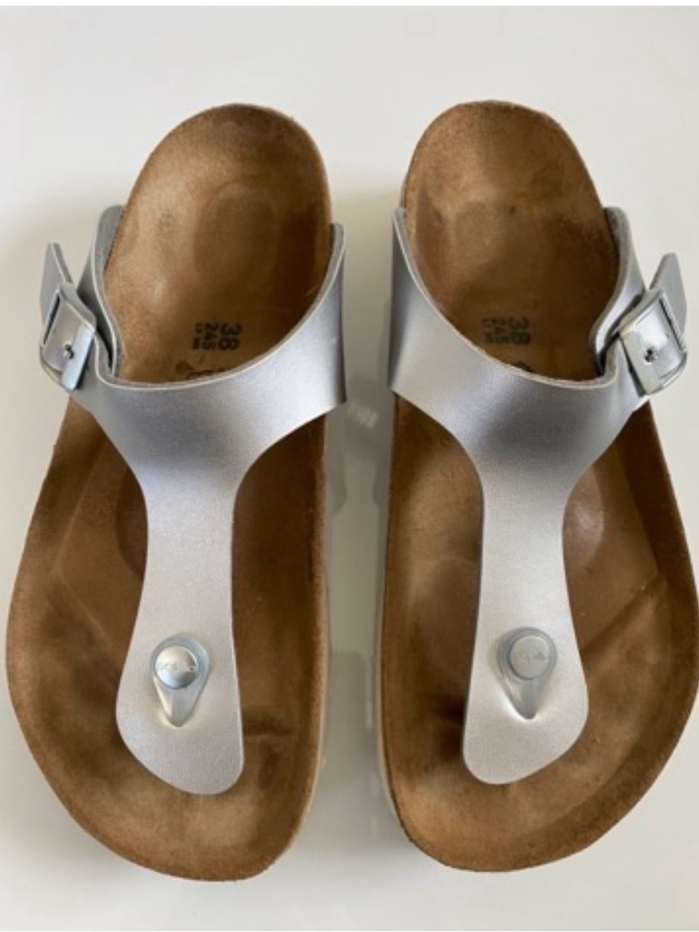 Birkenstock Gizeh Papillio Metallic Silver Toe-Post Cork Sandal W-7 M-5 - Picture 3 of 6